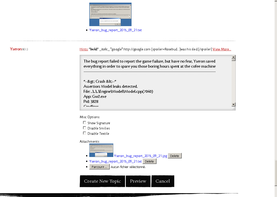 User Serge Yseron bug report failure to report game failure.jpg
