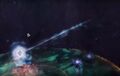 Appearance of the blue tether indicating which island you need to go to.