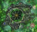 A map of the maze. R, G and B are the three champions. Yellow dots are lanterns. Dashed pink circles are possible totem locations (random color).