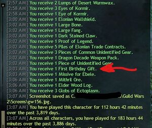 Game messages showing First Birthday Gift dropped for 10-year-old character