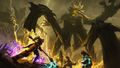 Godspawn key art with the Commander, Dagda, Malice Swordshadow, and Waiting Sorrow battling Decima, Ura, and Greer.