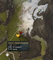 Map showing the path to the Grogshadow Runestone from the nearest waypoint. The runestone is in a small cave.