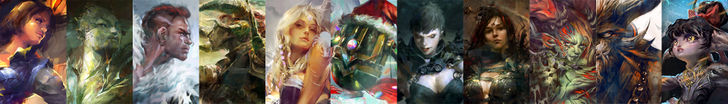From left to right: Ellen Kiel, Canach, Braham, Rox Whetstone, Kasmeer Meade, Ho-Ho-Tron, Mai Trin, Marjory Delaqua, Scarlet Briar, Evon Gnashblade, and Taimi.