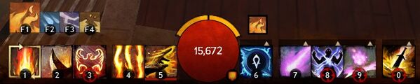 Skill bar of an elementalist character wielding a Scepter and off-hand Dagger.