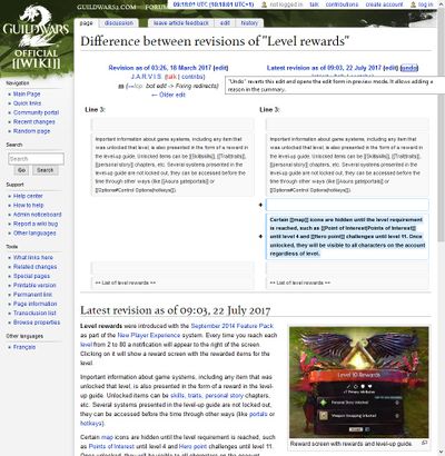 The revision comparison page shows the difference between the two versions. An undo button is found in the top-right corner. A blue highlighted section with a plus sign means that the revision added text, which contrasts with a minus sign and an orange highlighted section which means that text was removed.