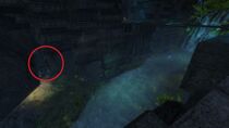 * In a slit between wall sections by the path from the Water chamber, west of the Displaced Quaggan.