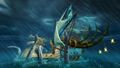 The Dark Leviathan is attacked by several tentacles of the kraken in the Unending Ocean.